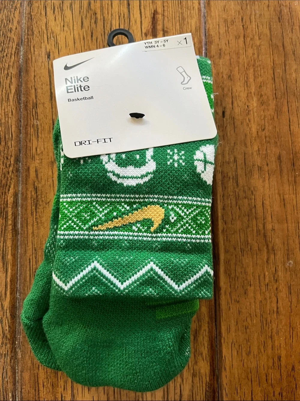 Nike Green & White Basketball Elite Dri-FIT Crew Socks with Gold Swoosh